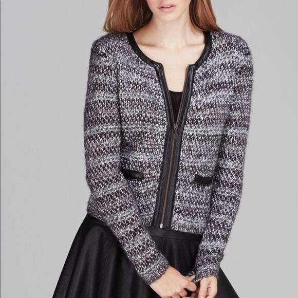 JOIE Jacolyn B Tweed Jacket Blue Full Zip Leather Trim S NWT Dark Academia - Picture 3 of 6